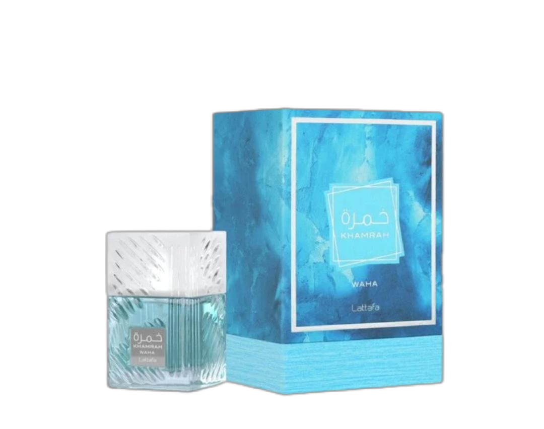 Frasco de perfume azul Khamrah Waha.